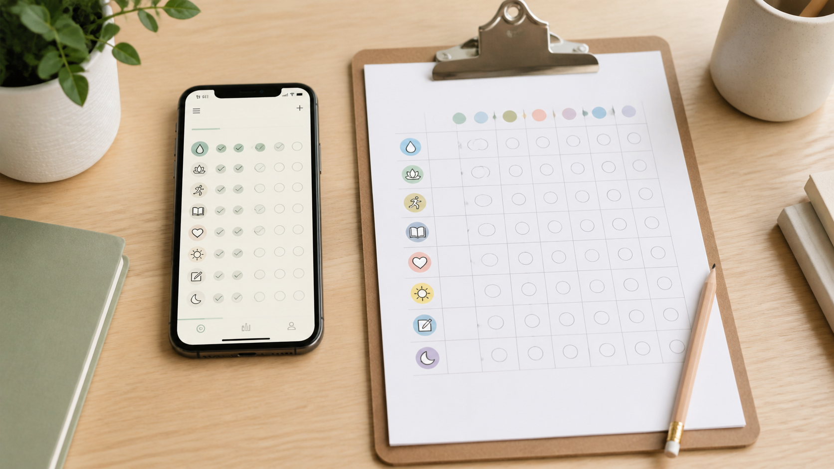 A smartphone with a neutral habit-check interface beside a printable weekly habit tracker, clipboard, and pencil