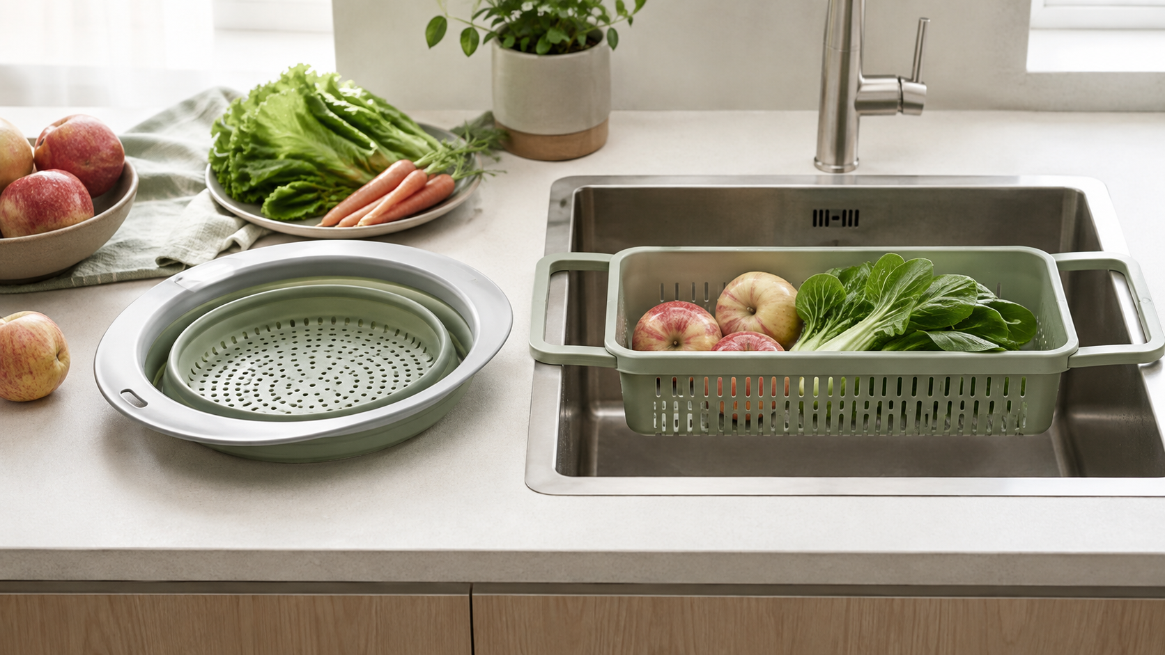 A round collapsible colander beside a rigid handled produce wash basket spanning a compact stainless-steel sink
