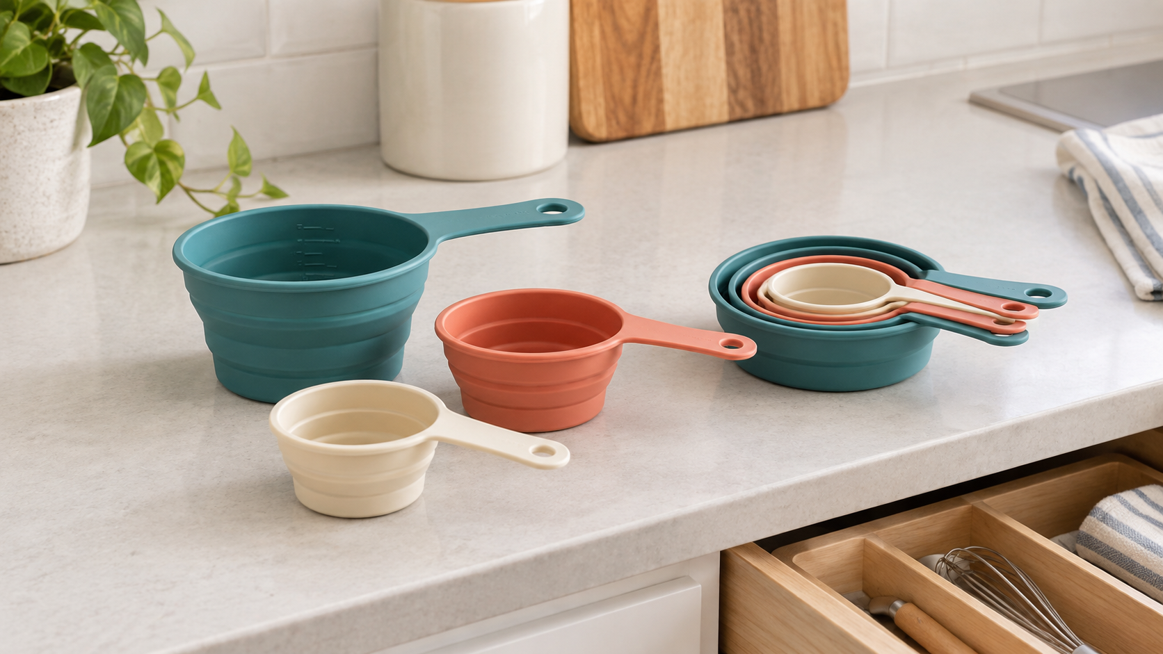 Teal, coral, and cream collapsible measuring cups shown expanded and nested flat beside an open compact kitchen drawer