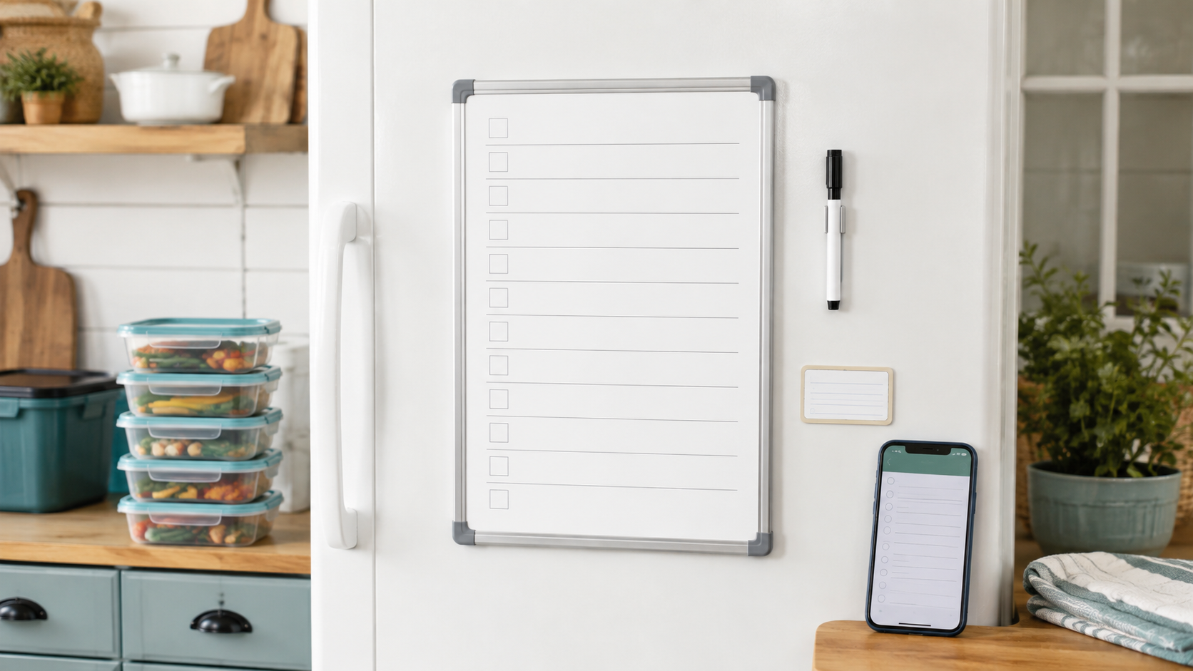 Blank magnetic freezer inventory board with a marker, removable food-storage label, and phone-note alternative beside meal containers in a bright kitchen
