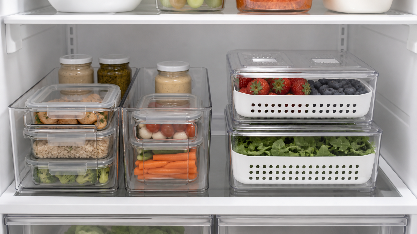 Clear open fridge organizer bins beside lidded produce containers with drain baskets on a refrigerator shelf