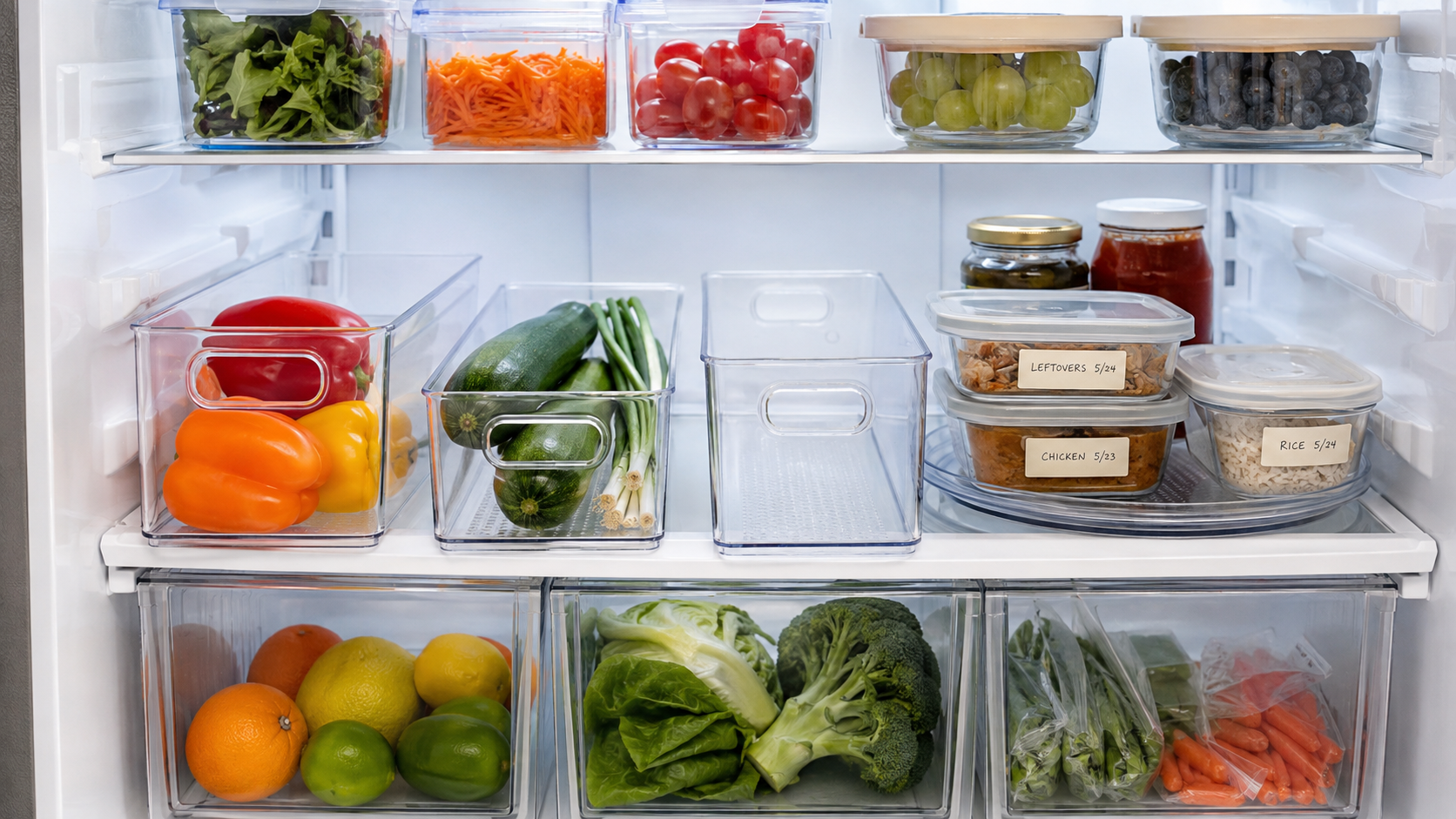 Clear refrigerator bins, one partly empty bin, and labeled leftovers showing visibility, grouping, and shelf-space tradeoffs