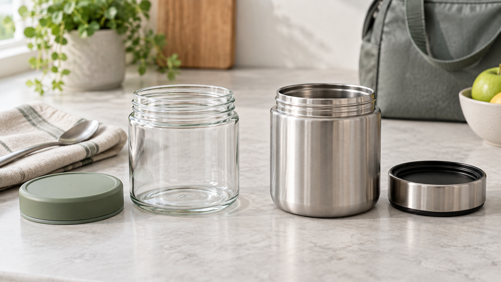 An unbranded clear glass food jar beside an unbranded brushed stainless-steel food jar with their separate lids on a kitchen counter
