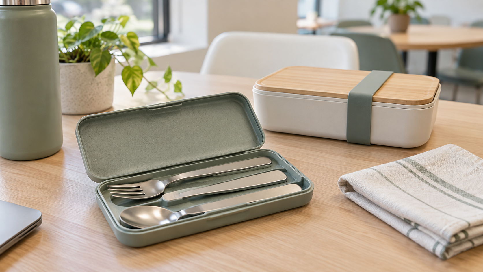 Open sage hard utensil case holding a reusable fork, spoon, and table knife beside a closed lunch container and folded napkin