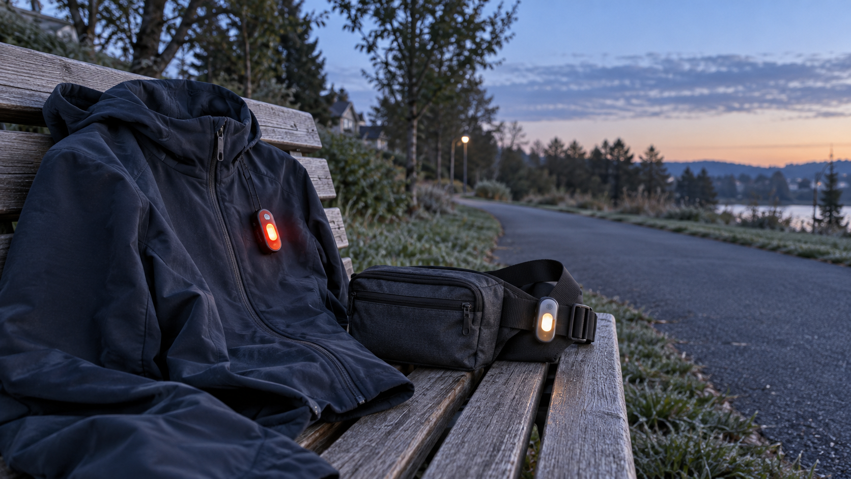 Two unbranded clip-on lights attached to the chest of a dark jacket and the strap of a waist bag on a bench beside a paved path at dawn