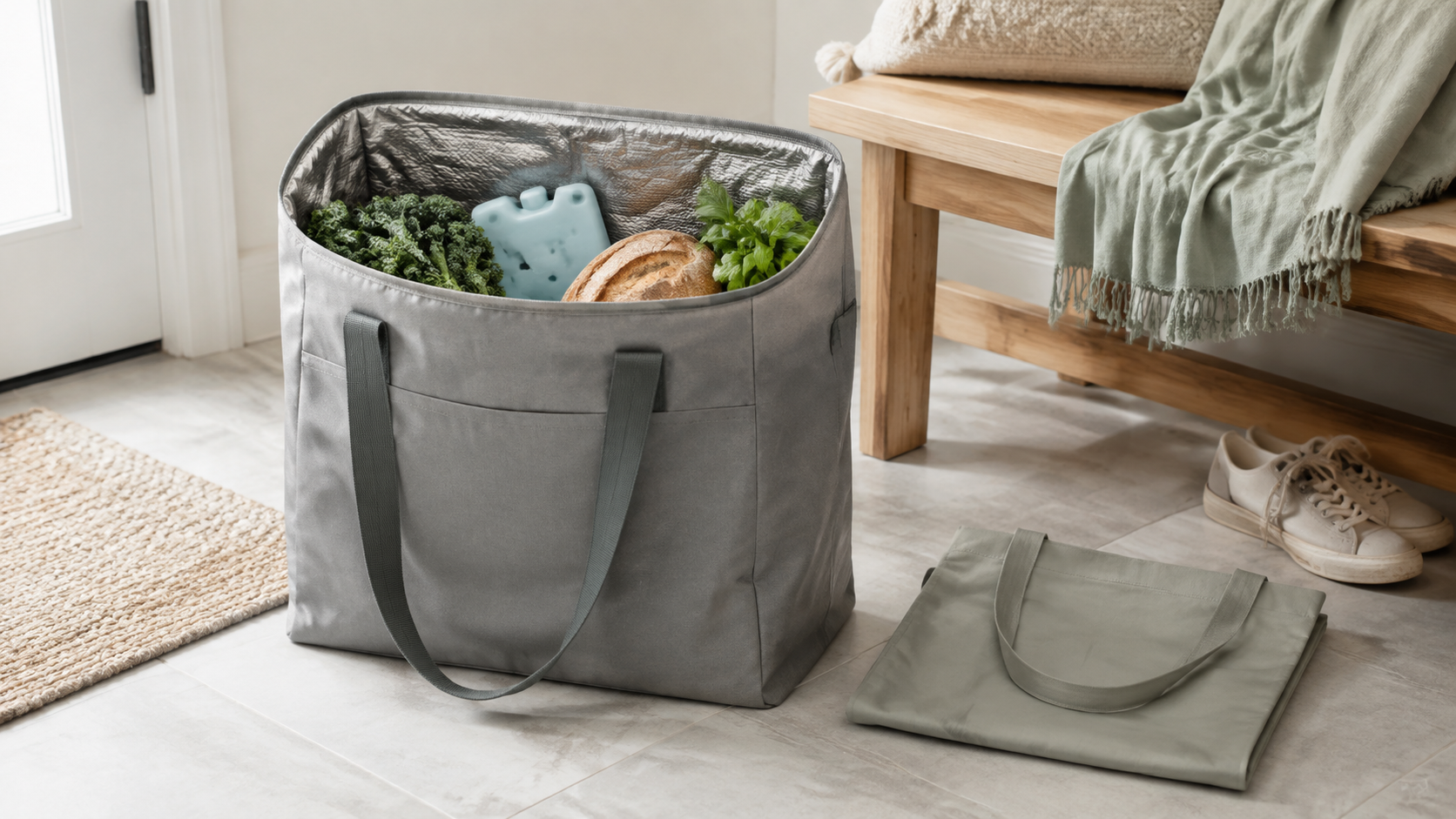Open gray insulated grocery tote holding produce, bread, and a cold pack beside a folded plain reusable tote in an apartment entryway