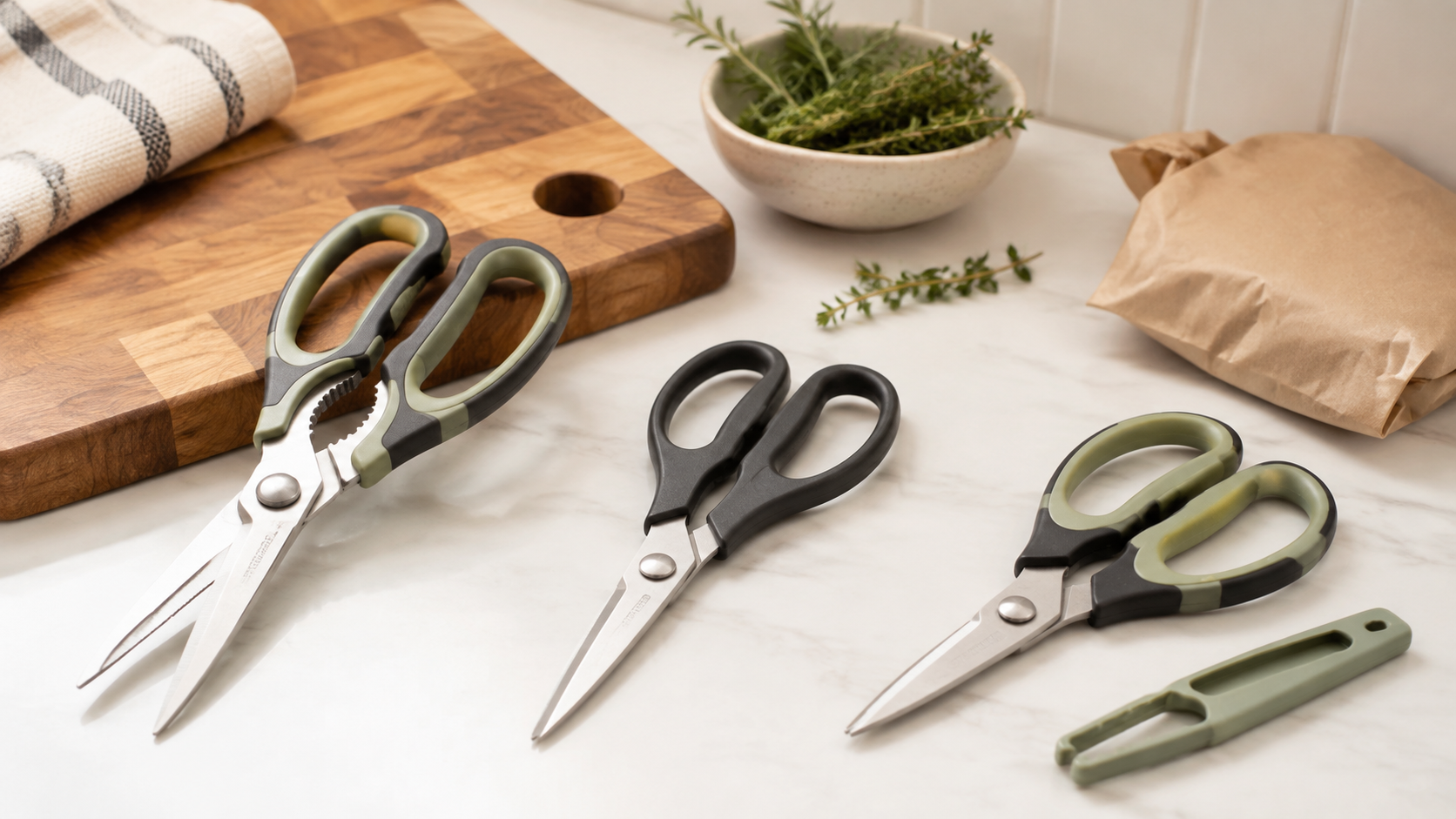 Three unbranded kitchen scissors with different handle and blade formats on a bright counter beside a cutting board and bowl of herbs