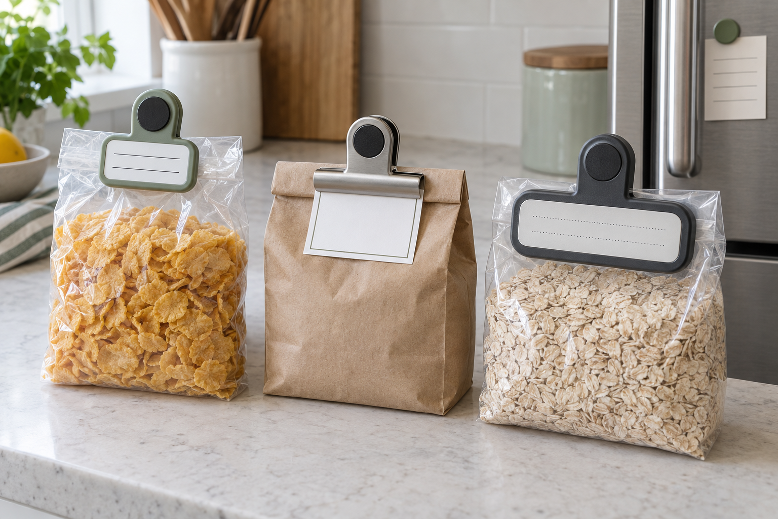 Three unbranded magnetic bag clips with a lined writing panel, removable label card, and broad matte label area closing pantry bags on a kitchen counter