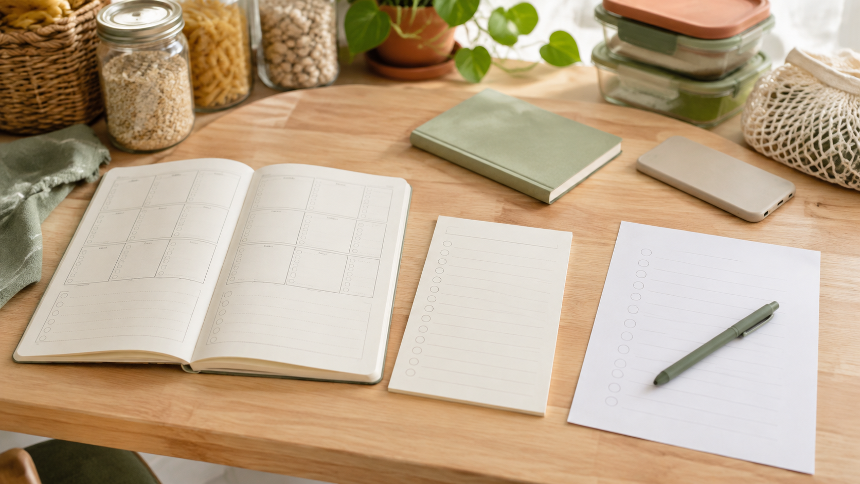 An open undated meal-planning notebook beside a simple list pad and plain paper on a bright kitchen table