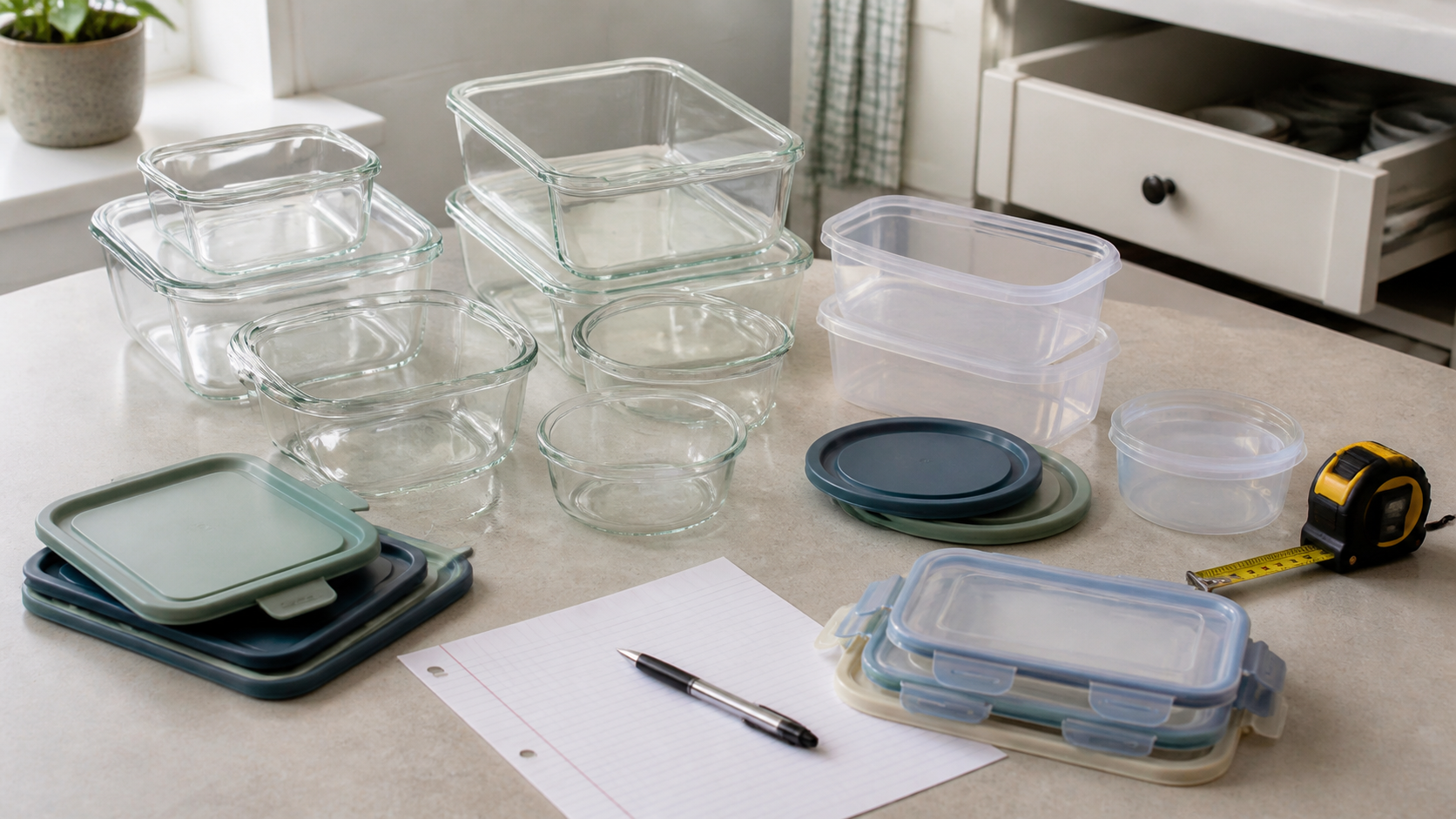 Assorted empty glass and plastic food-storage containers, grouped lids, a blank checklist, and a measuring tape on a small kitchen counter