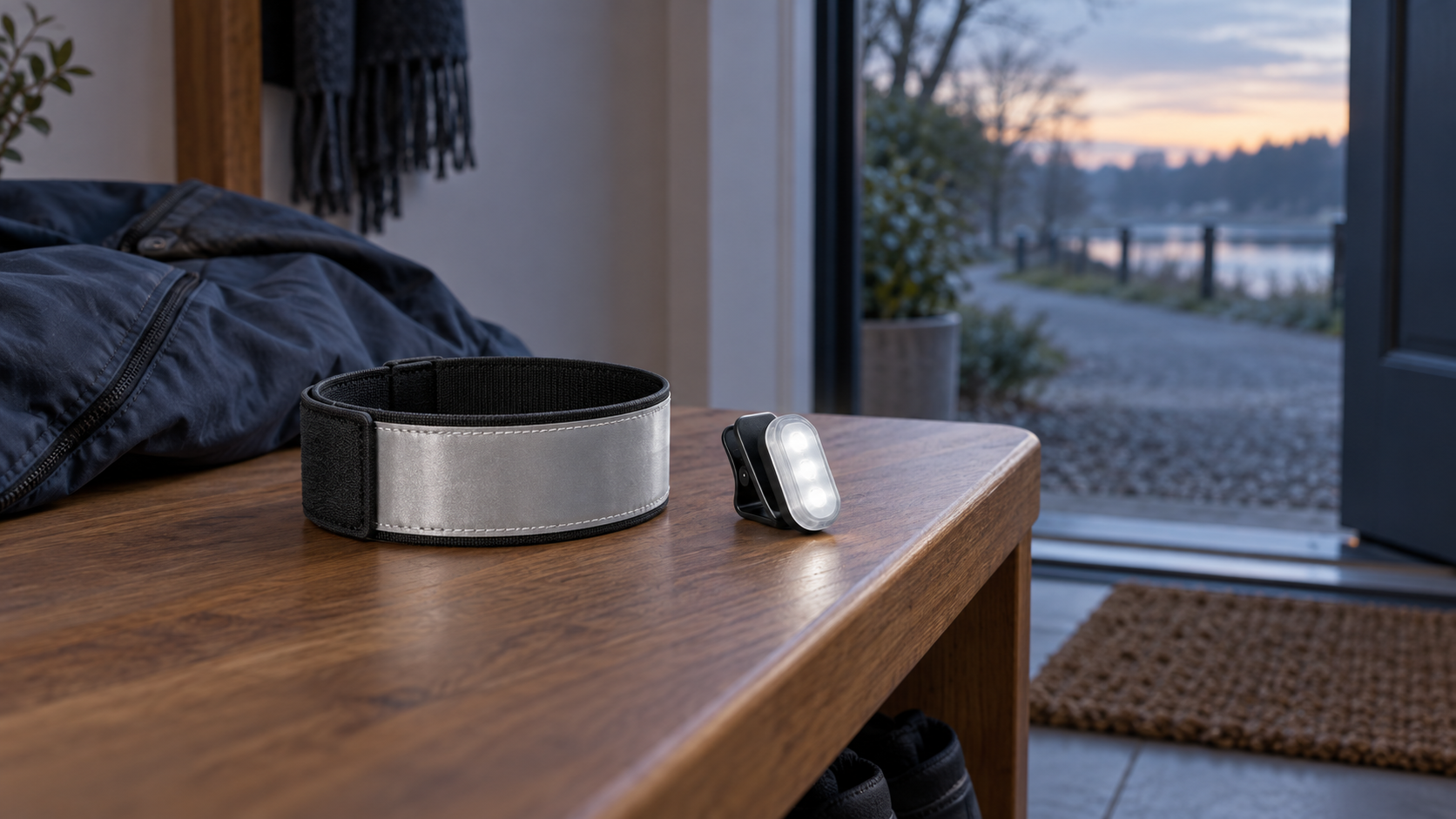 An unbranded silver reflective armband beside a compact white clip-on light on an entryway bench at dawn