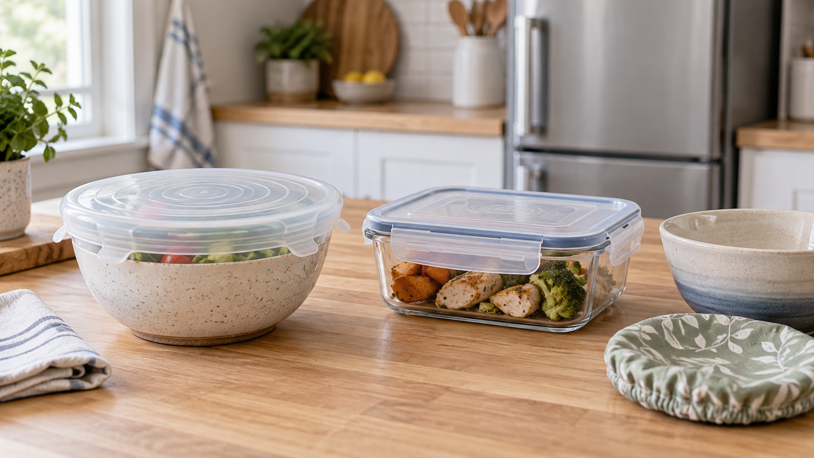 A ceramic bowl with a translucent reusable stretch cover beside a clear food-storage container with a fitted lid on a kitchen counter