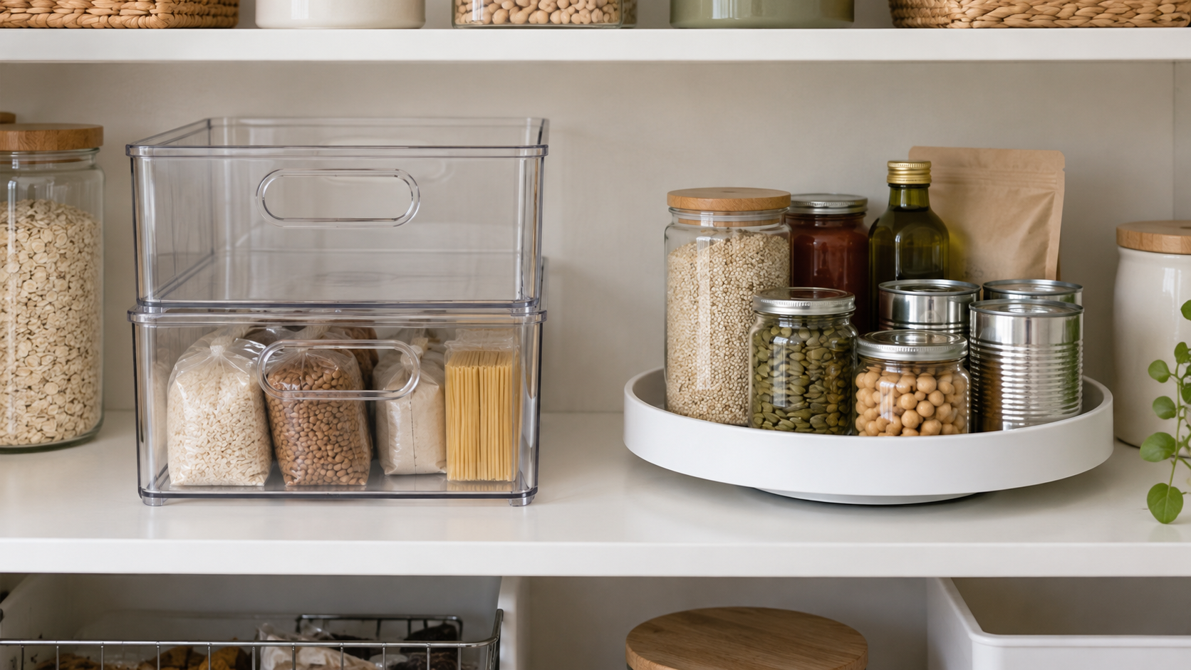 Clear stackable pantry bins beside a white lazy Susan holding jars and cans on a deep white pantry shelf
