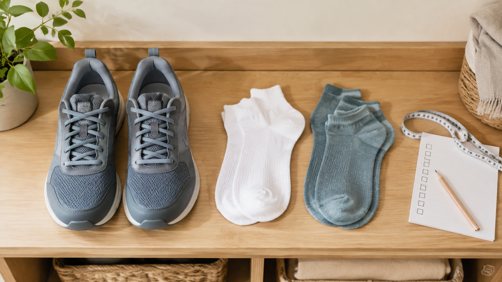 Gray walking shoes beside white and teal ankle socks arranged with a checklist and measuring tape for a first-purchase comparison