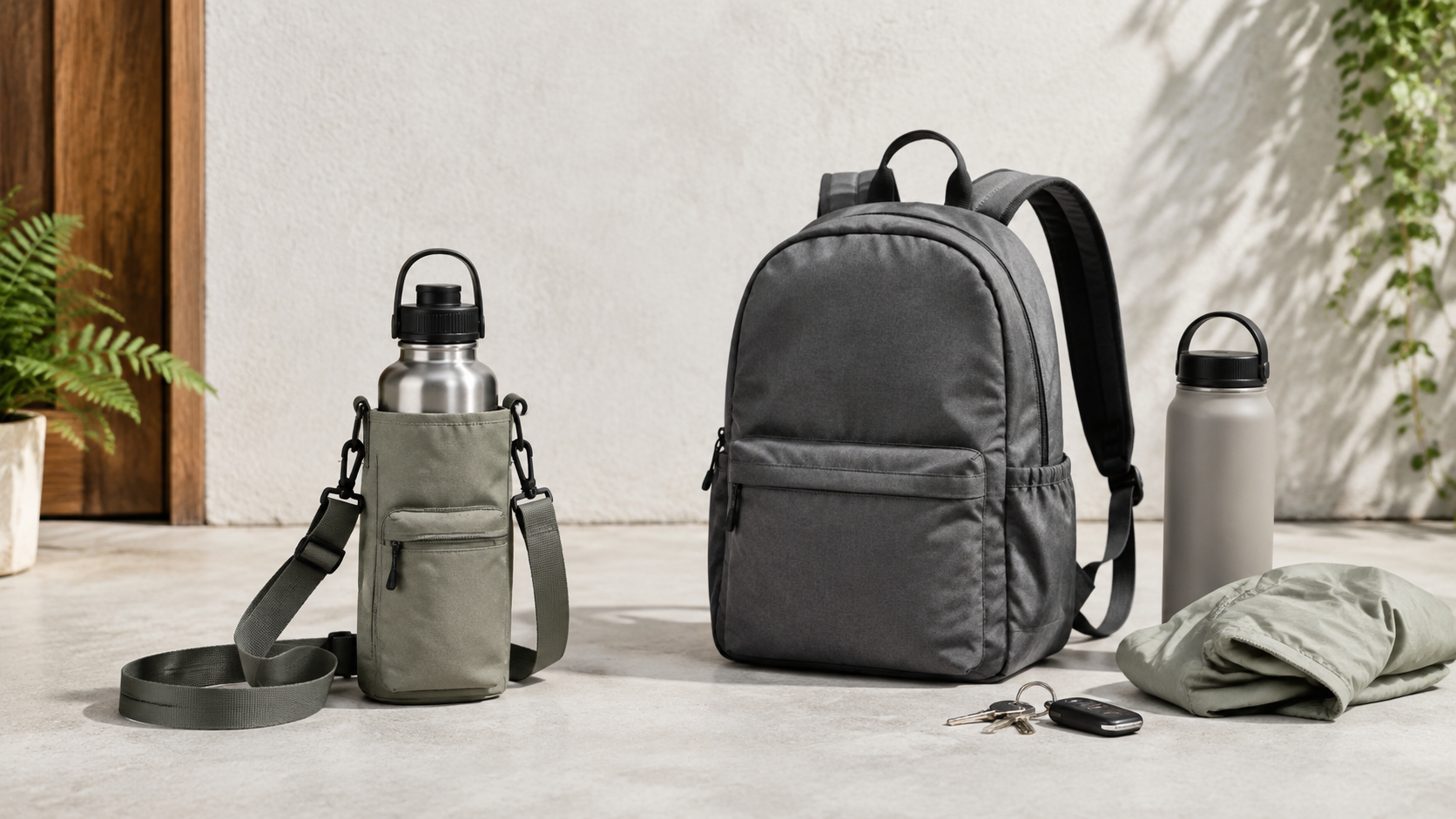 An unbranded sage water bottle sling beside a compact charcoal two-strap walking backpack, plain bottle, keys, and folded lightweight layer