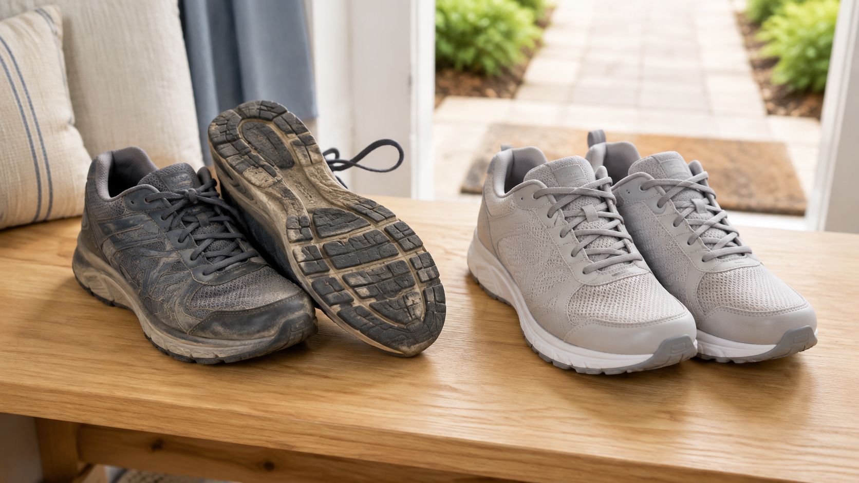 A visibly used pair and a newer pair of unbranded walking shoes on a bench, with one worn outsole turned forward for inspection